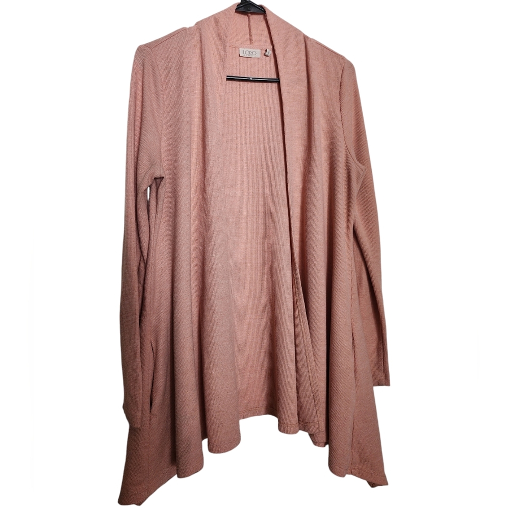 LOGO Lori Goldstein Pink Peach Open Front Waffle Knit Cardigan Lagenlook SZ Sm